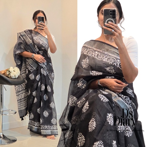 INDIGO BLACK LINEN-COTTON SAREE