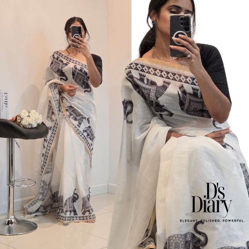 WHITE LINEN-COTTON SAREE